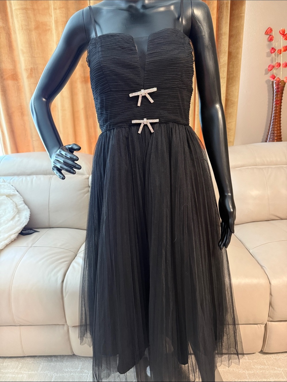 miami Black Tulle Midi Dress with Rhinestone Bows
